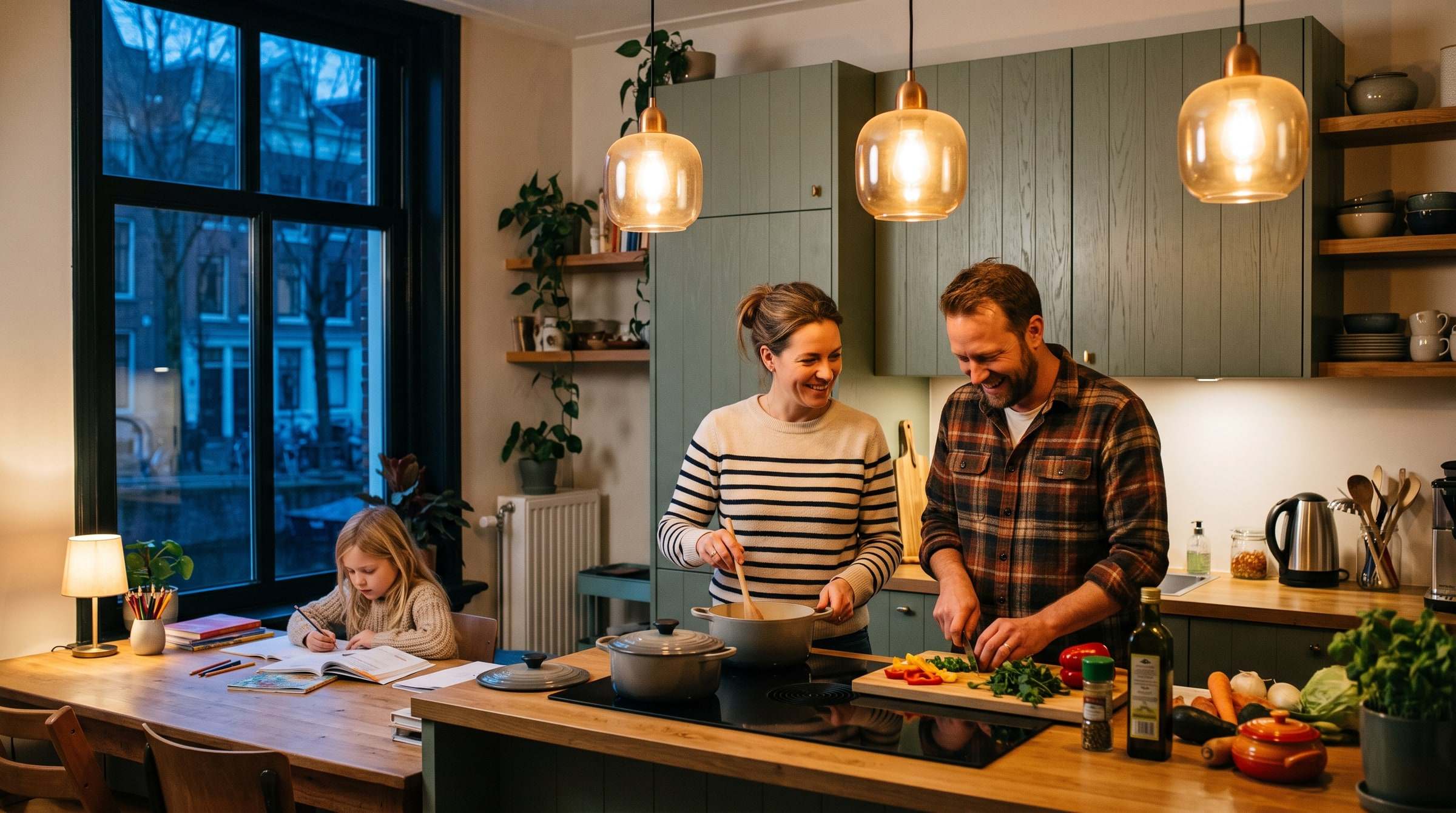 Keuken in de avond met licht aan en een stel dat aan tafel de energierekening bekijkt