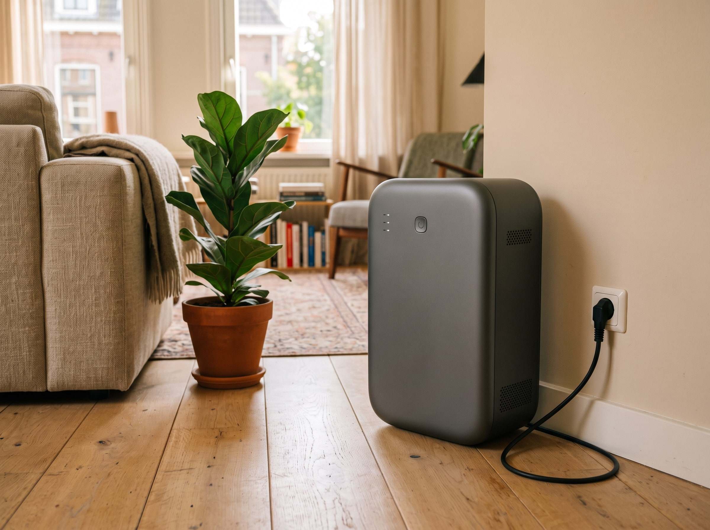 Stekkerbatterij naast een stopcontact in een woonkamer