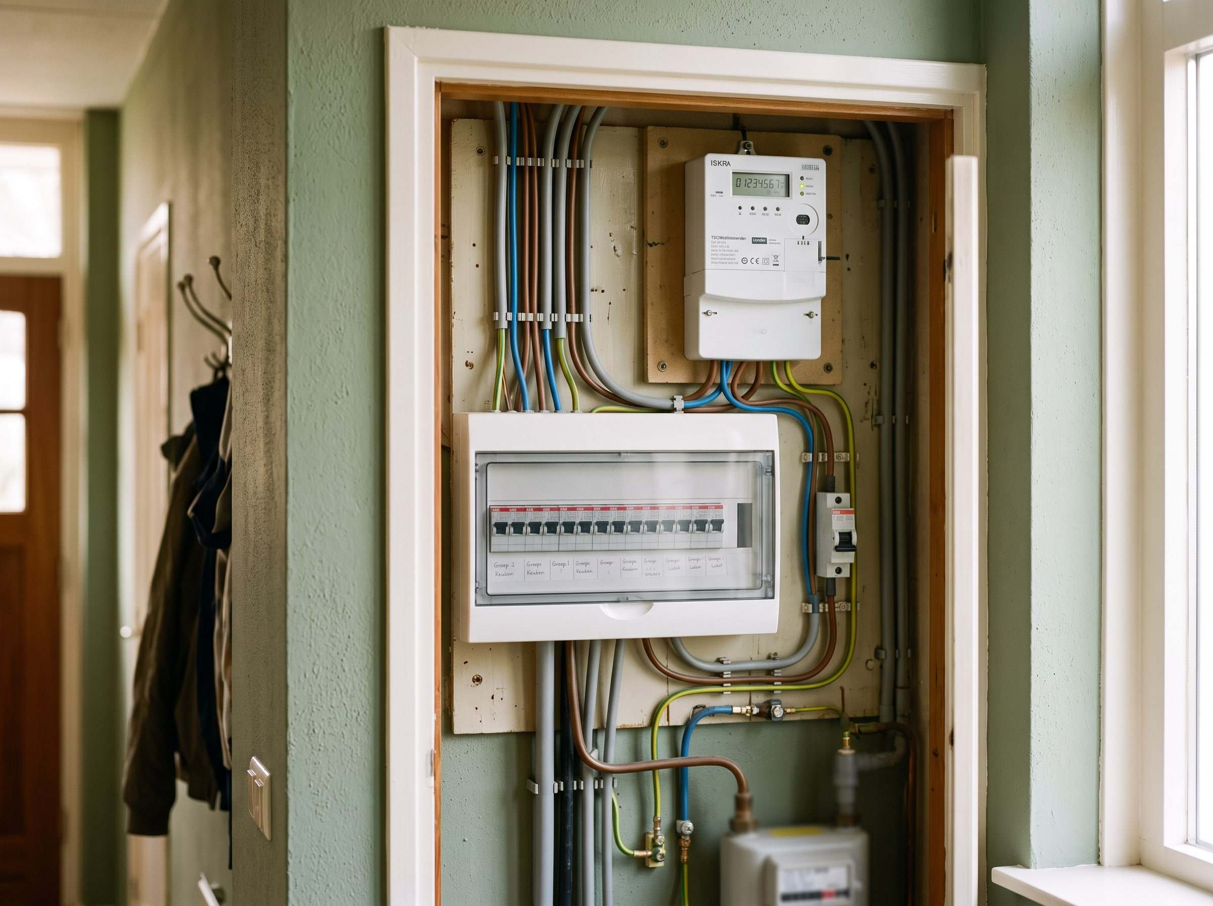 Slimme meter in de meterkast met een display dat stroomverbruik en teruglevering toont