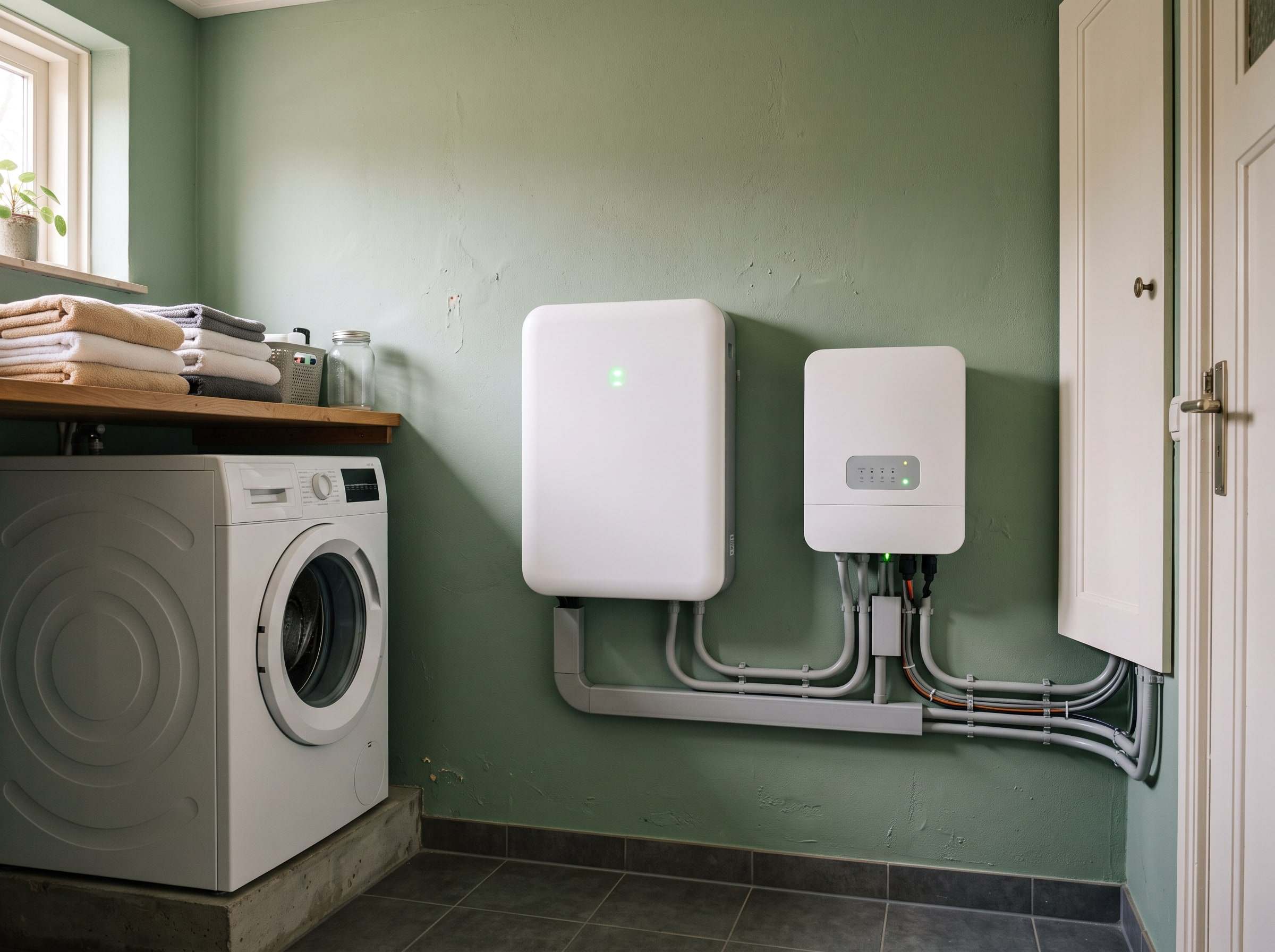Witte thuisbatterij aan de muur van een bijkeuken naast de meterkast